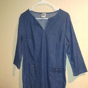 Anne Klein Chambrey Denim Midi Dress With Button Pockets 3/4 Sleeves 10